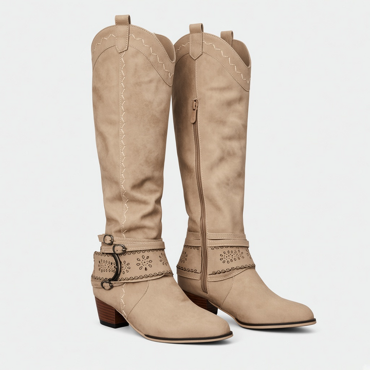 Luna Moda beige suede cowboy boots with decorative buckles, side zipper, and intricate stitching details.