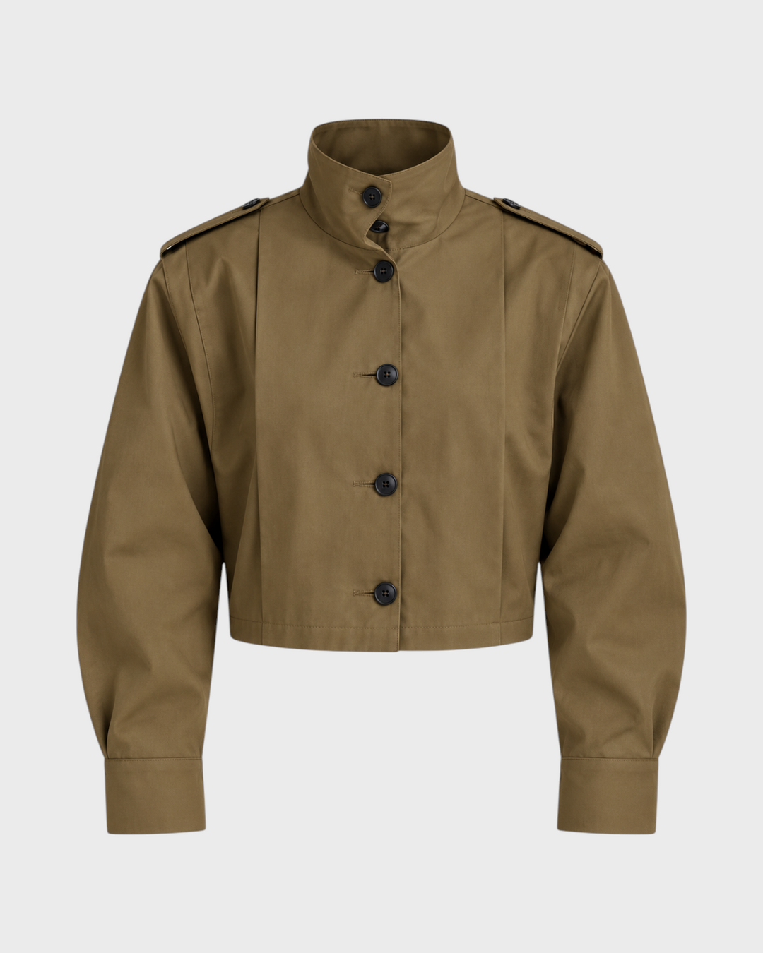DORA – Giacca corta con collo alto, colore marrone, vista frontale del capo – Luna Moda