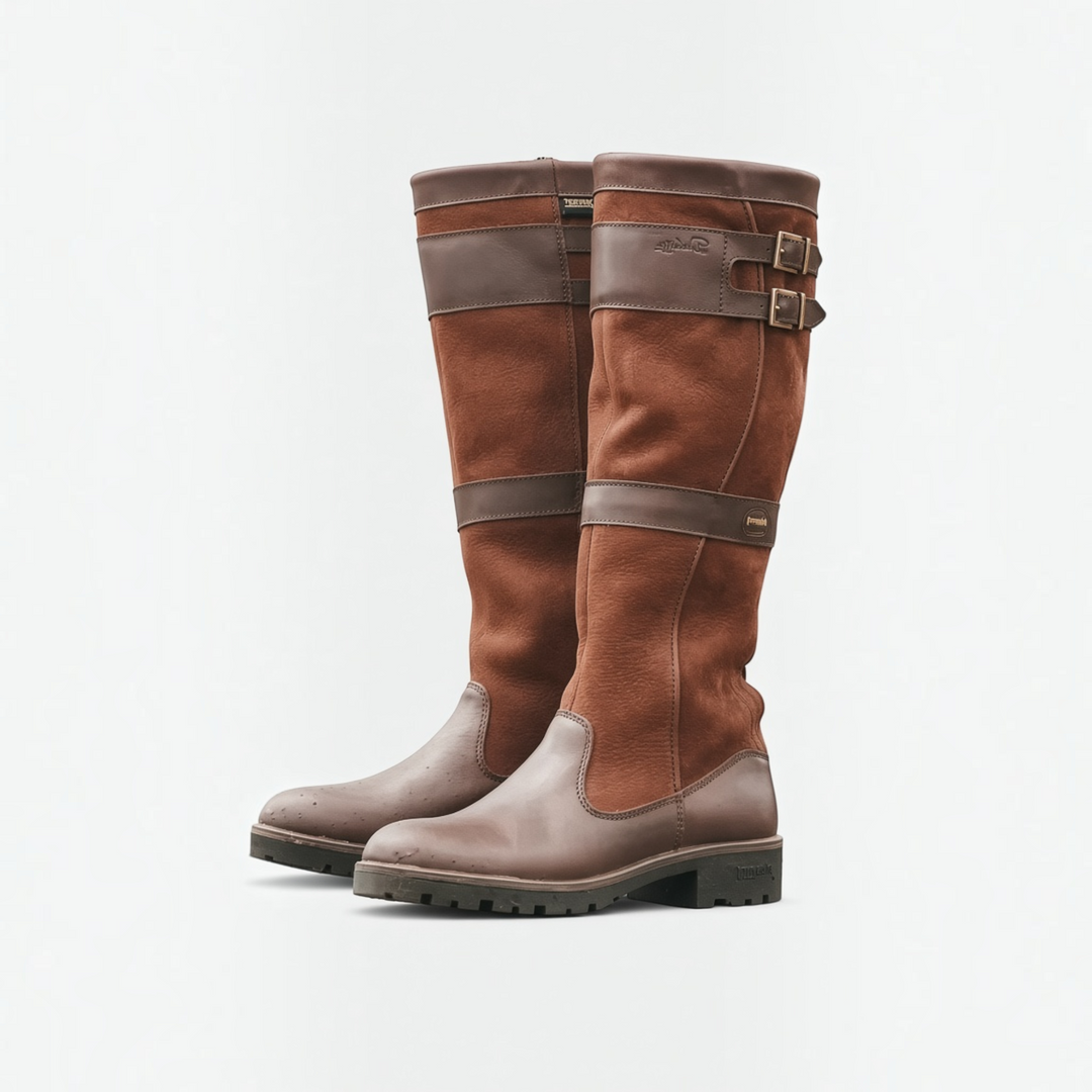 Luna Moda Paola knee-high boots in brown and grey leather with double buckle straps and a rugged lug sole.