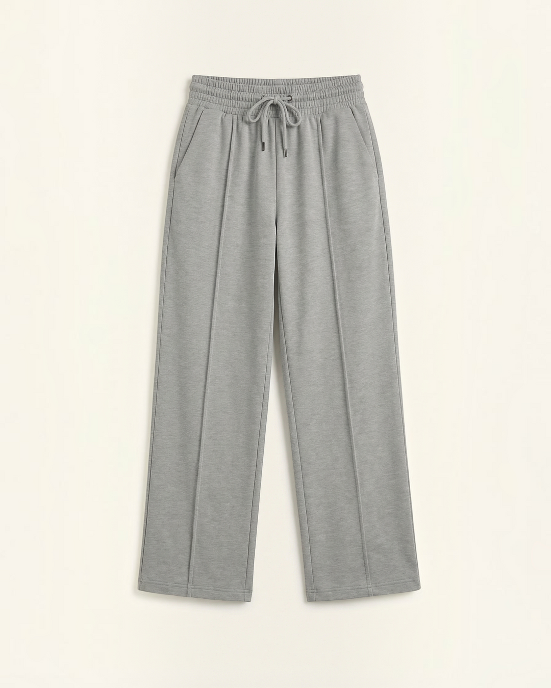 Luna Moda PIA high-waisted grey wide-leg sweatpants with an adjustable drawstring waist and central seam detail.
