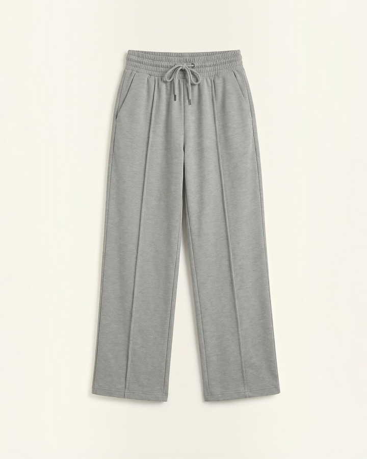 Luna Moda PIA high-waisted grey wide-leg sweatpants with an adjustable drawstring waist and central seam detail.