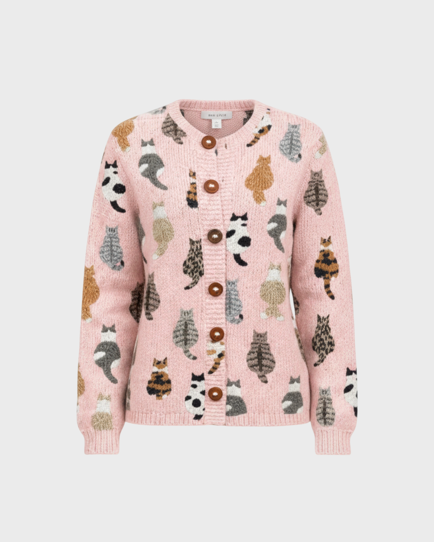 Sofia – Cardigan con stampa gatti in marrone | Luna Moda