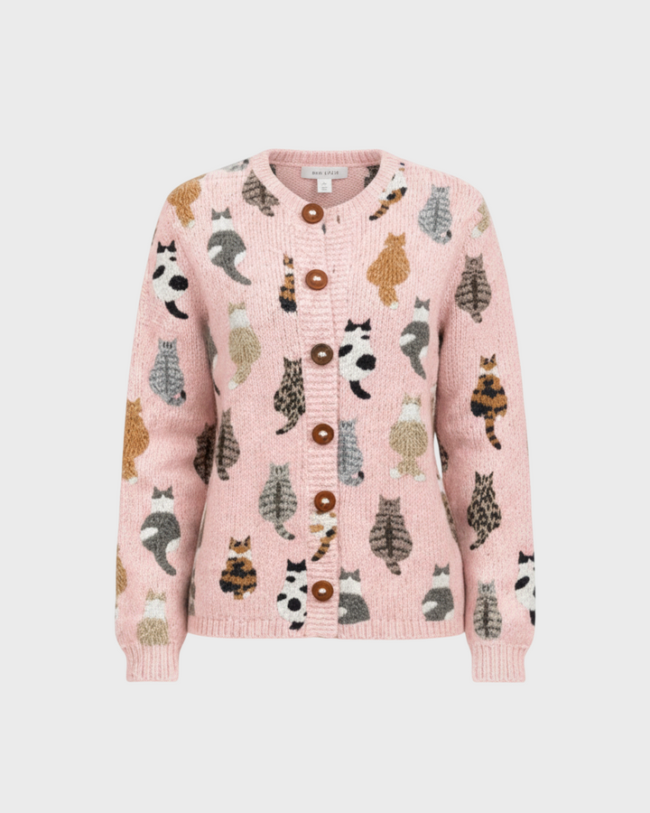 Sofia – Cardigan con stampa gatti in marrone | Luna Moda