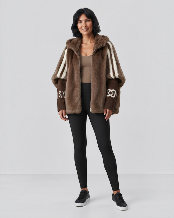 Luna Moda Carolina hooded jacket in brown faux fur with white striped shoulder details and ribbed sleeve cuffs.