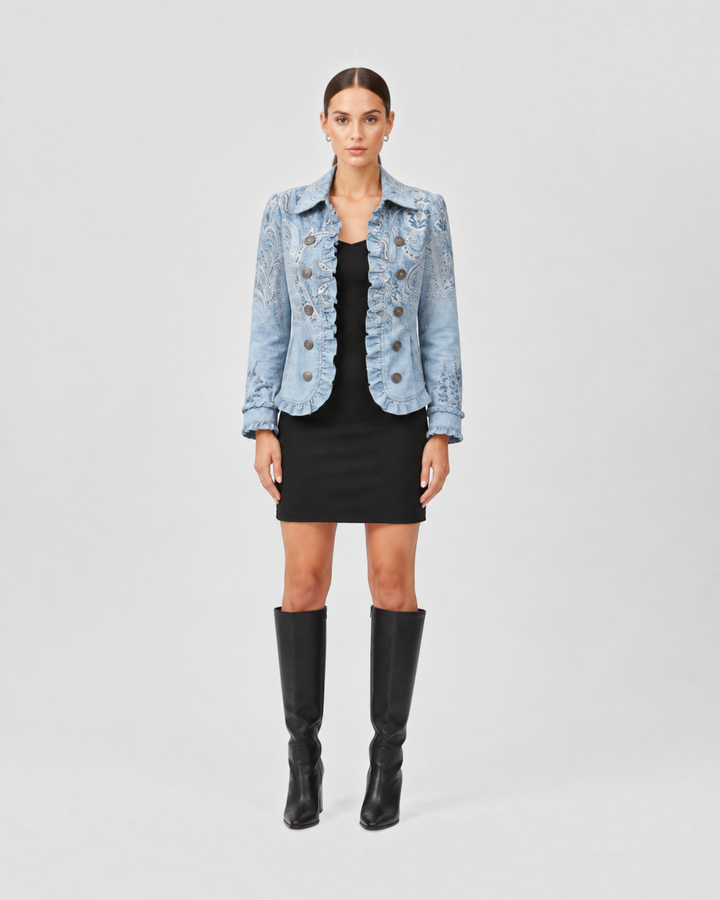 Luna Moda Emanuela light blue paisley jacket with ruffle trim, button front, and folded cuffs worn over black dress.