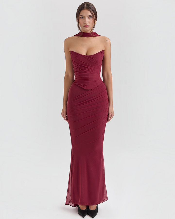 Luna Moda Seraphina burgundy mesh corset gown with draped bodice, supportive boning, and a removable neck scarf.