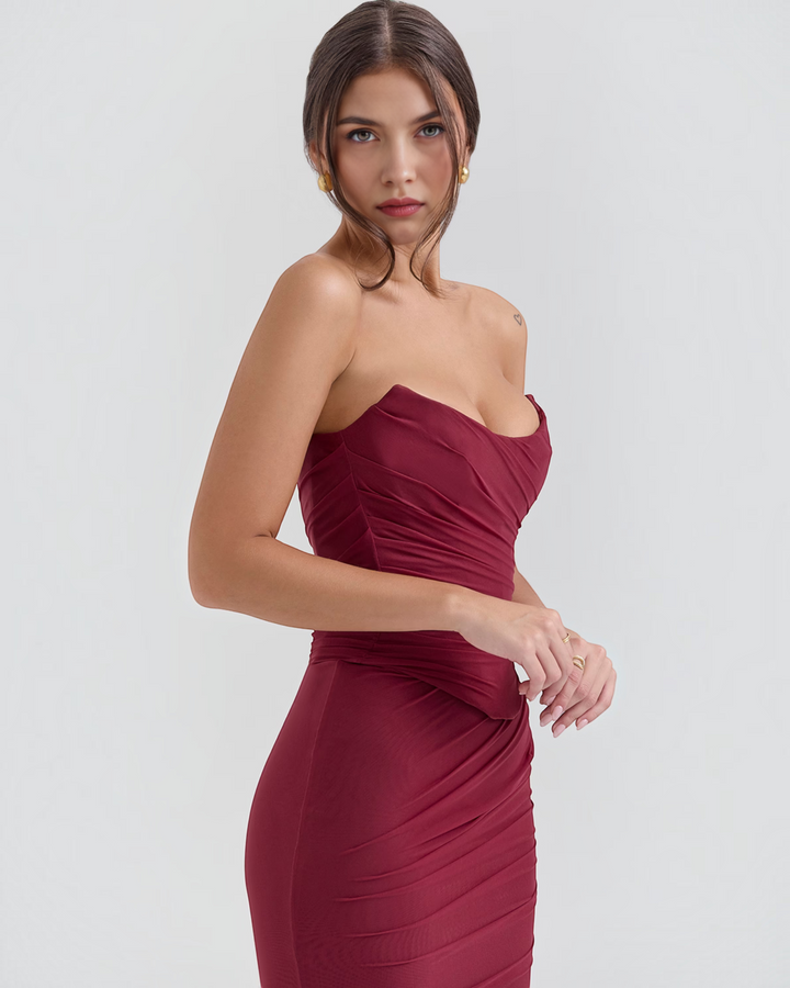 Luna Moda Seraphina burgundy mesh corset top with draped bodice and structured boning worn by a model