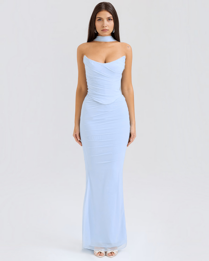 Luna Moda Seraphina light blue mesh corset maxi dress with draped bodice, boning, and matching removable scarf