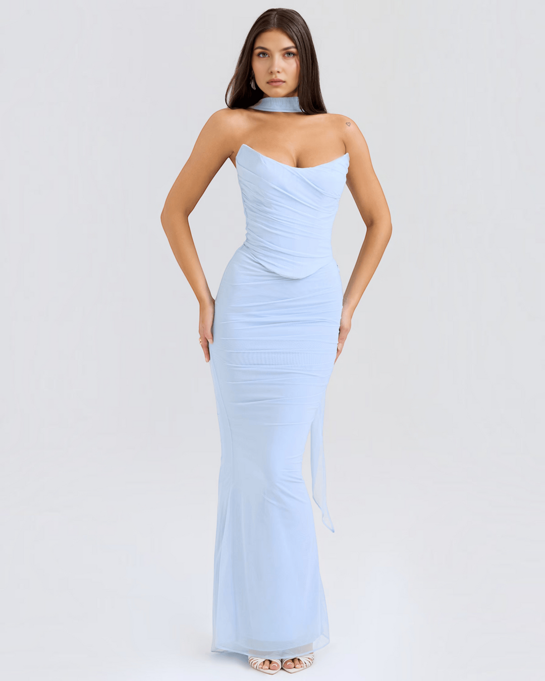 Luna Moda Seraphina light blue mesh corset dress with draped bodice, supportive boning, and a matching neck scarf.