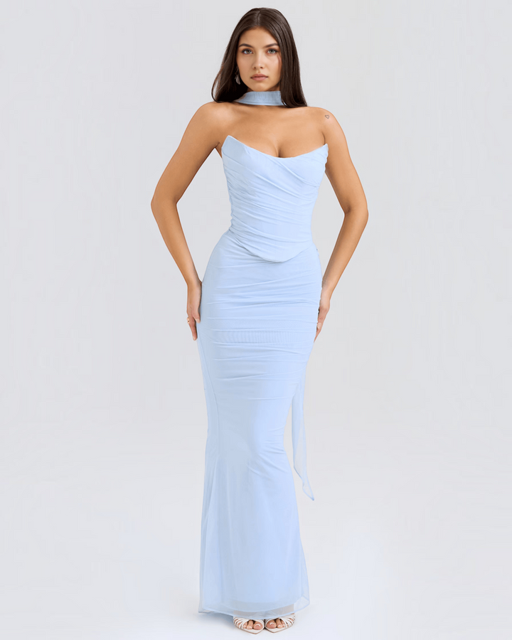 Luna Moda Seraphina light blue mesh corset dress with draped bodice, supportive boning, and a matching neck scarf.