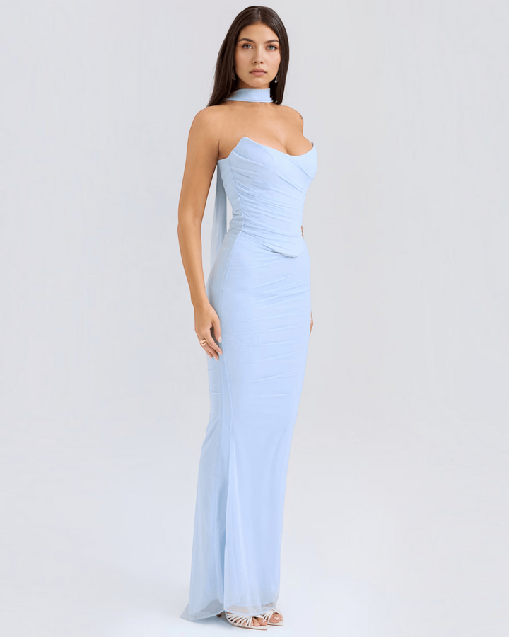 Luna Moda Seraphina light blue mesh corset gown with draped bodice, supportive boning, and a removable scarf.