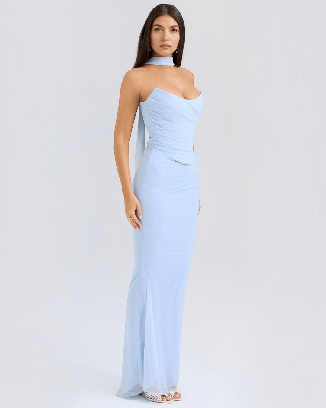 Luna Moda Seraphina light blue mesh corset gown with draped bodice, supportive boning, and a removable scarf.