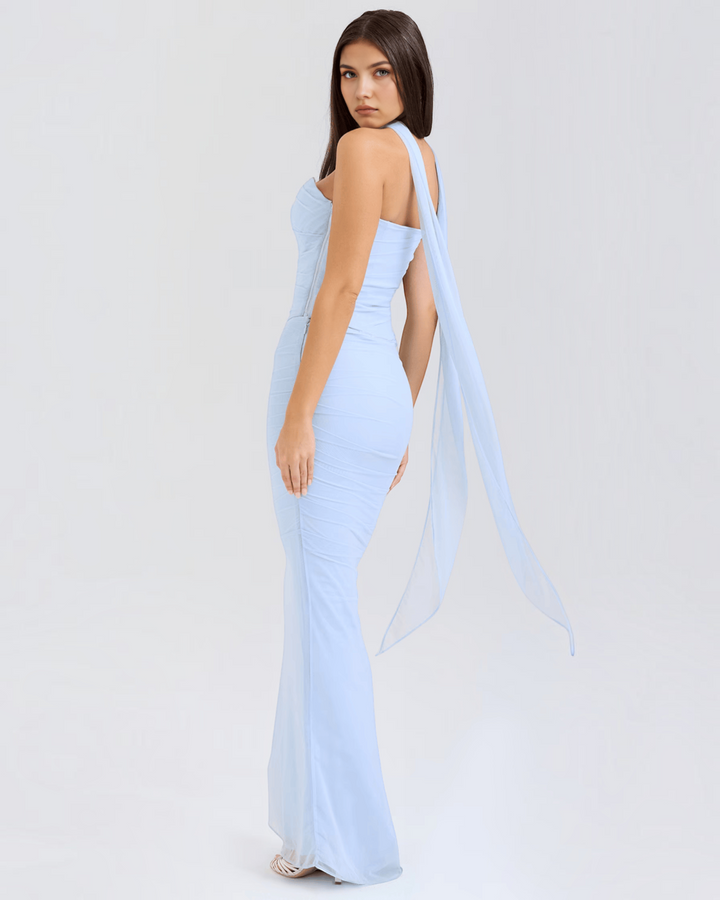 Luna Moda Seraphina light blue mesh corset dress with draped bodice, supportive boning, and a removable scarf.