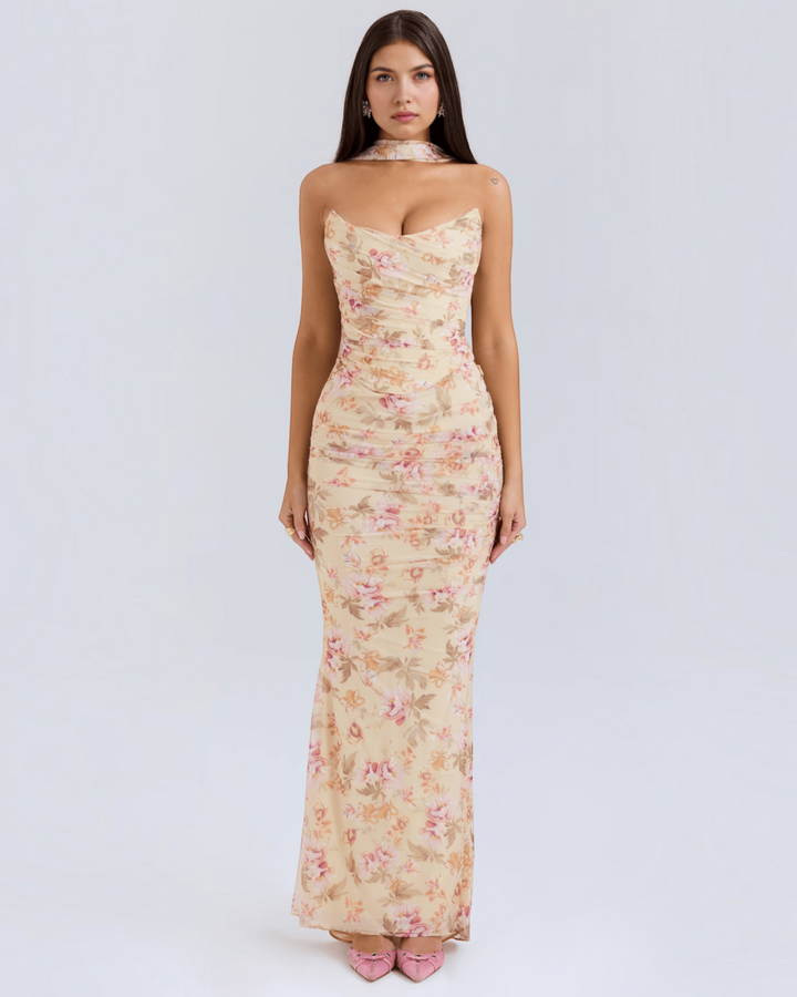 Luna Moda Seraphina floral mesh corset maxi dress with draped bodice, supportive boning, and matching neck scarf