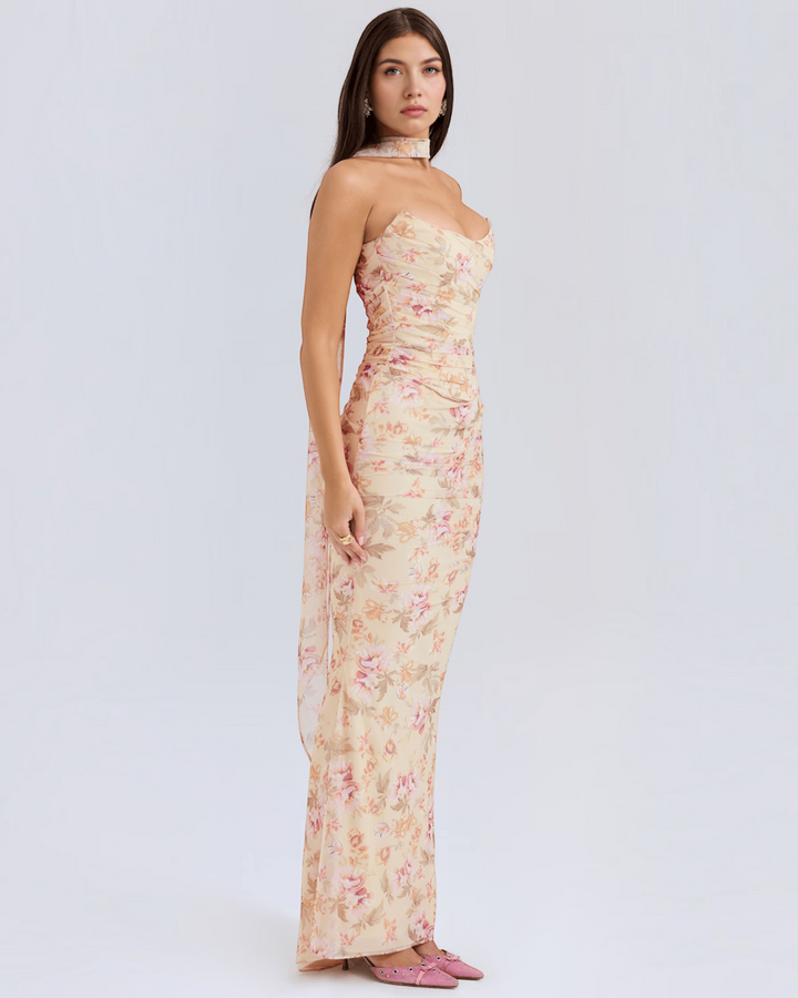 Luna Moda Seraphina floral mesh corset dress with draped bodice, supportive boning, and removable scarf on a model