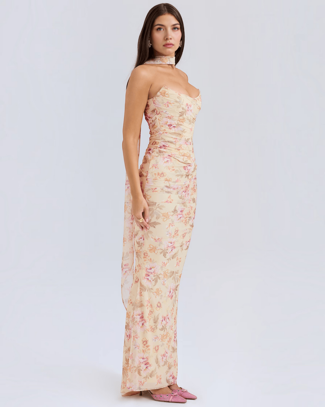 Luna Moda Seraphina floral mesh corset dress with draped bodice, boning, and removable scarf on a model