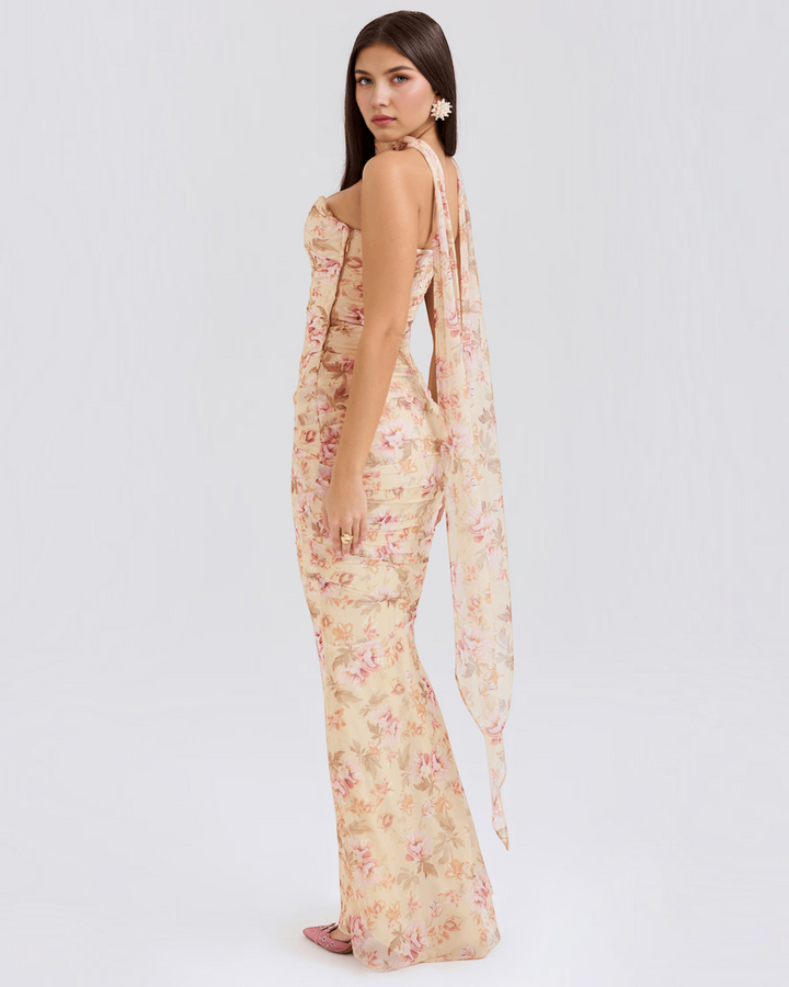 Luna Moda Seraphina floral mesh corset dress with draped bodice, supportive boning, and a detachable scarf