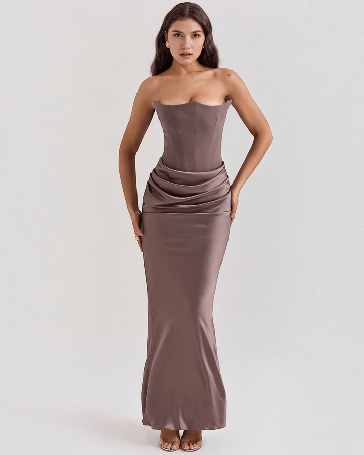 Luna Moda Serene strapless satin gown in taupe with a fitted corset bodice and draped waist detail on a model