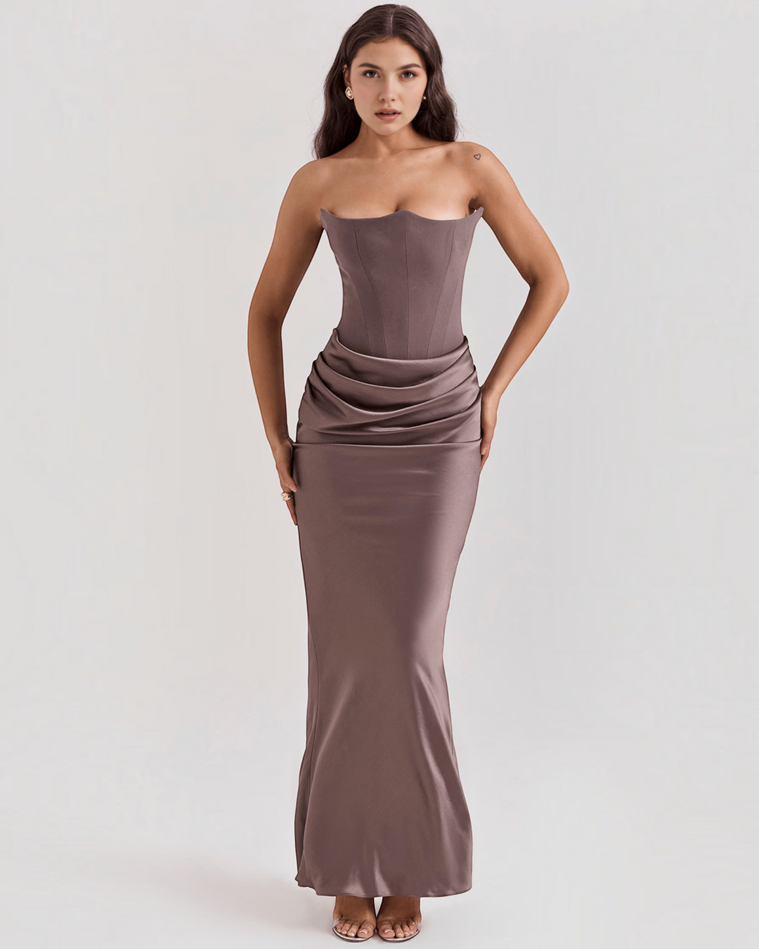 Luna Moda Serena strapless evening gown in taupe satin with a sculpted corset bodice and draped skirt detail.