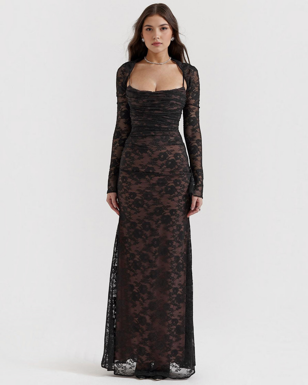 Luna Moda black lace maxi dress with a structured corset bodice and long sleeves worn by a model