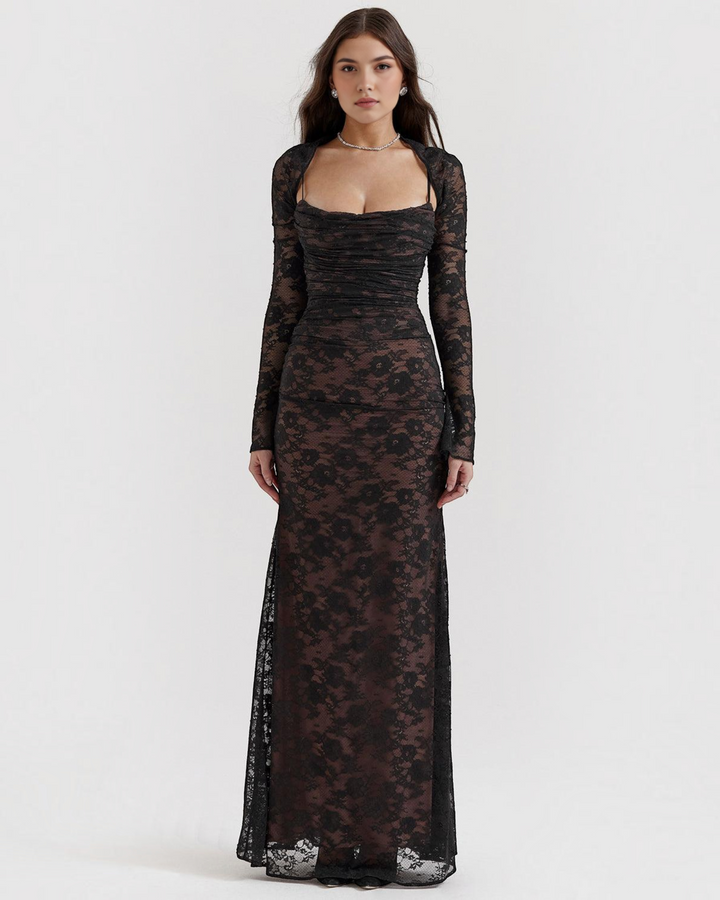 Luna Moda black lace maxi dress with a structured corset bodice and long sleeves worn by a model