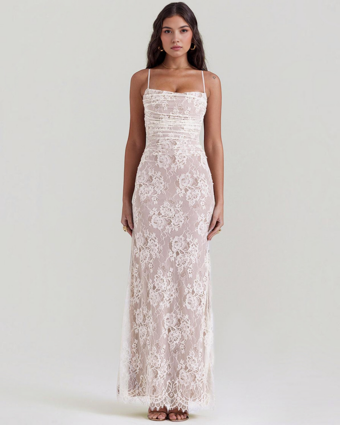 Luna Moda ELODIA maxi dress in white lace with a structured corset bodice and spaghetti straps on a model