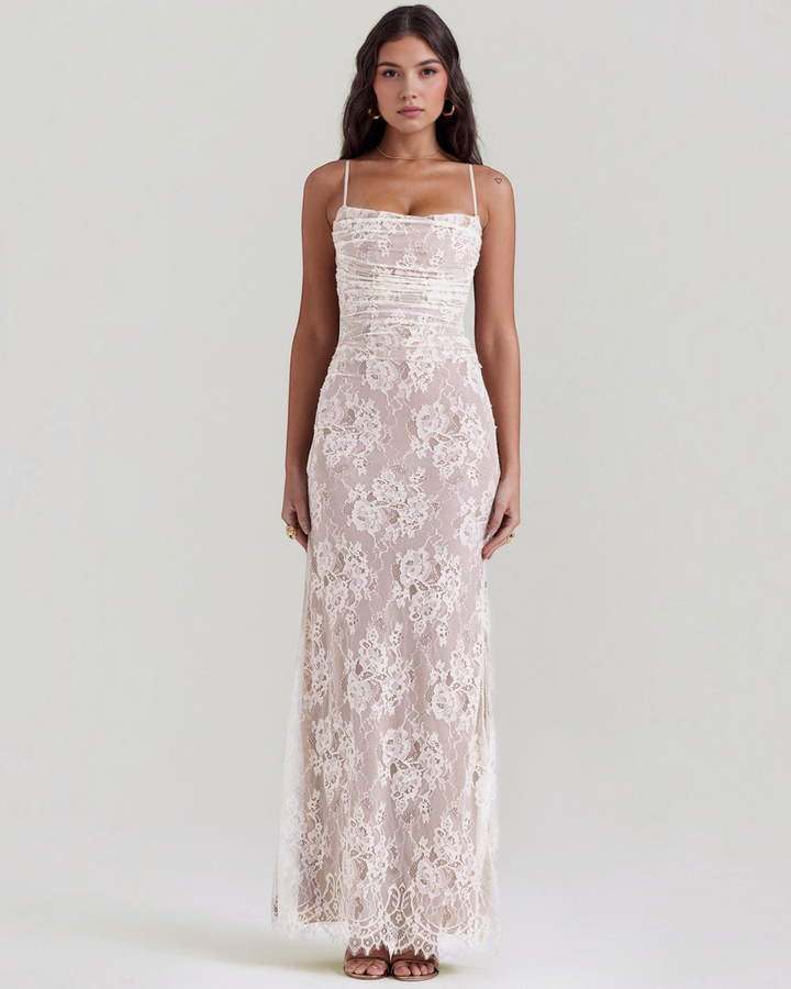 Luna Moda ELODIA maxi dress in white lace with a structured corset bodice and spaghetti straps on a model