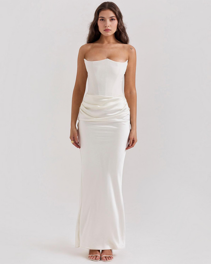 Luna Moda Serene strapless satin gown in white with a fitted bodice and draped waist detail worn by a model