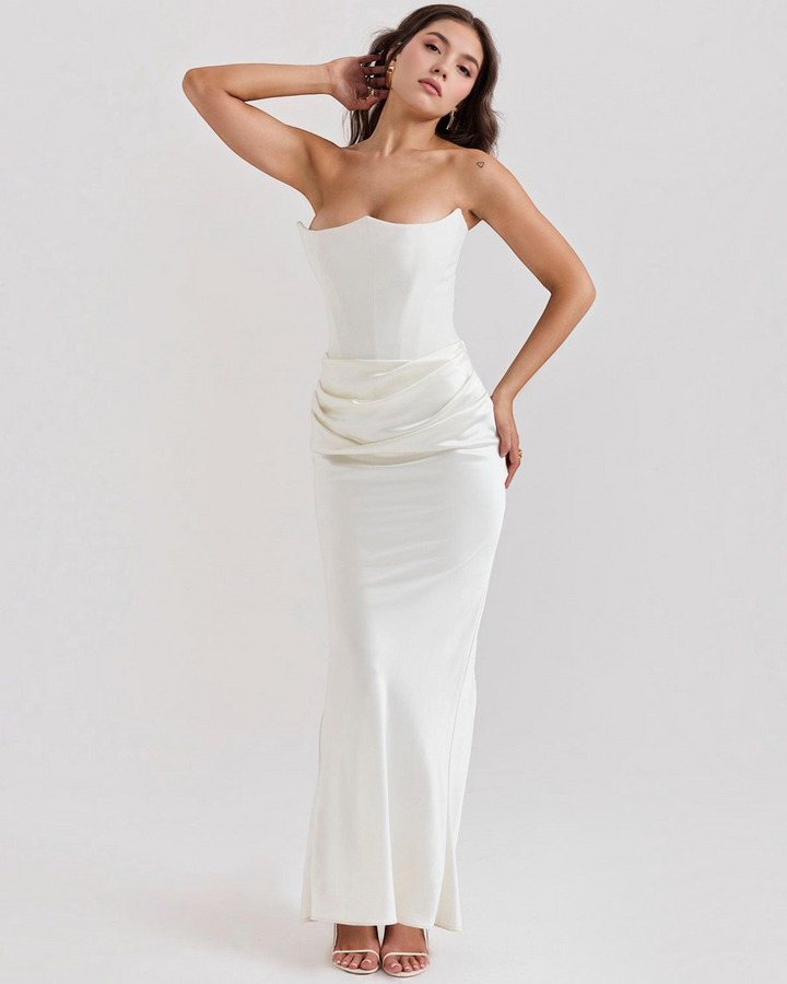 Luna Moda Serene strapless white satin gown with a fitted bodice and draped waist detail on a model