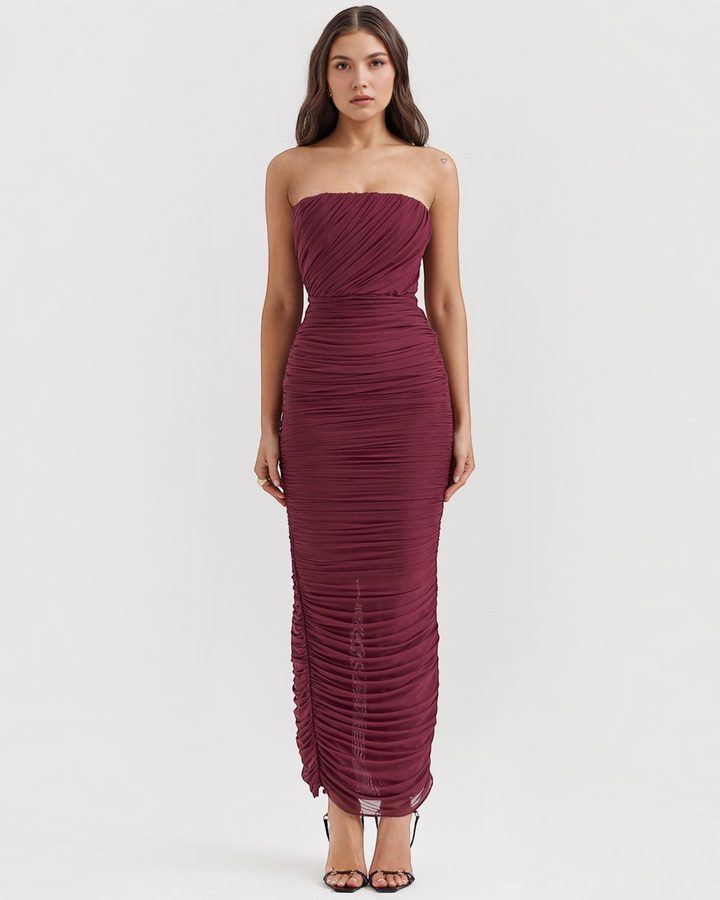 Luna Moda Amaris strapless burgundy mesh maxi dress with ruched detailing and a fitted silhouette on a model