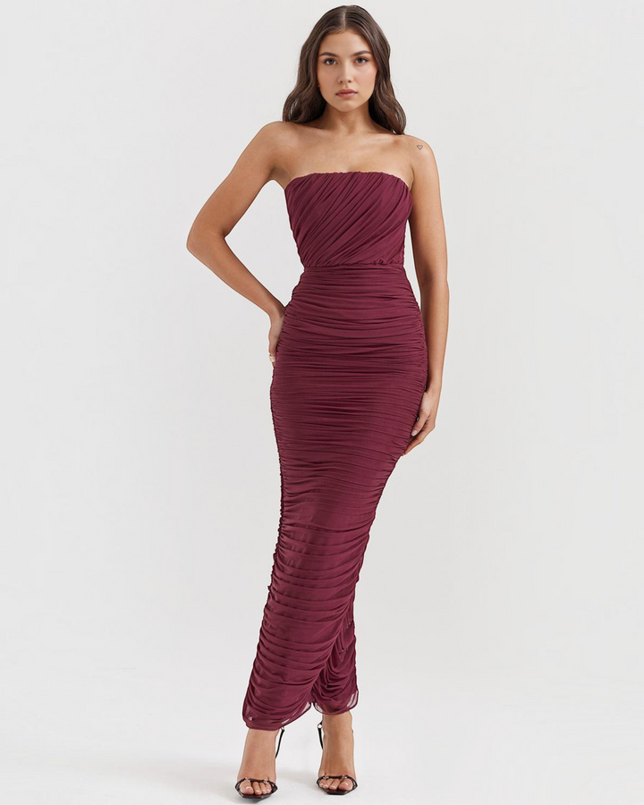 Luna Moda Amaris strapless burgundy mesh maxi dress with ruched detailing and fitted silhouette on a model