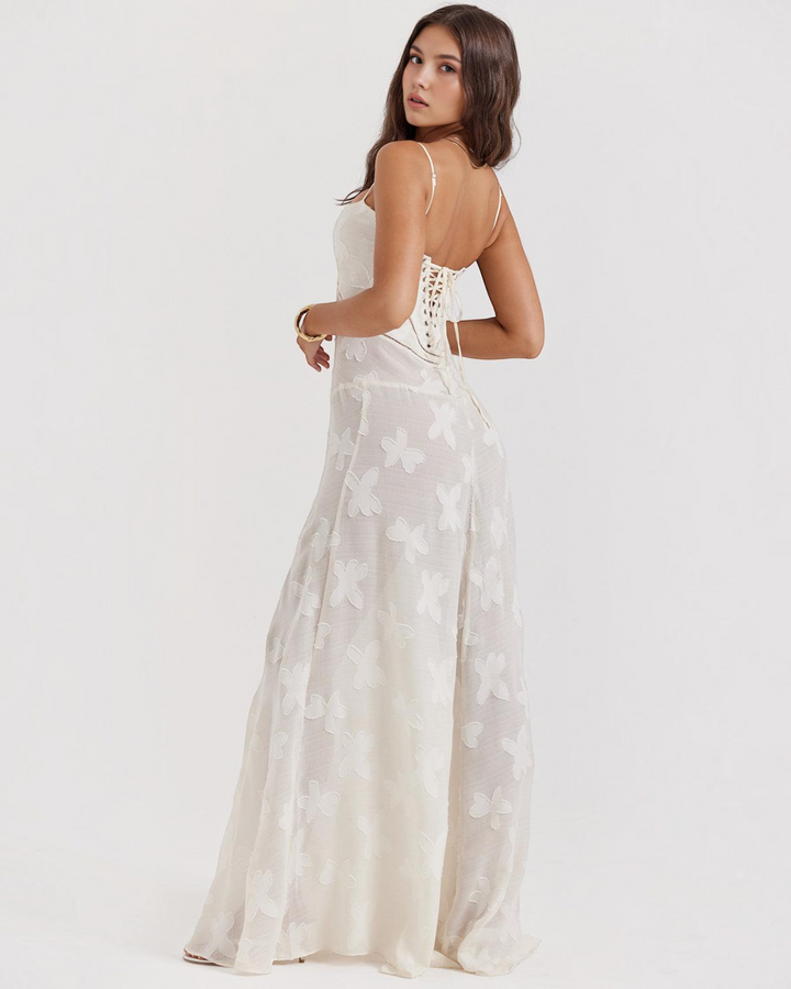 Luna Moda Seren evening dress in white with floral velvet overlay, corset back, and delicate spaghetti straps