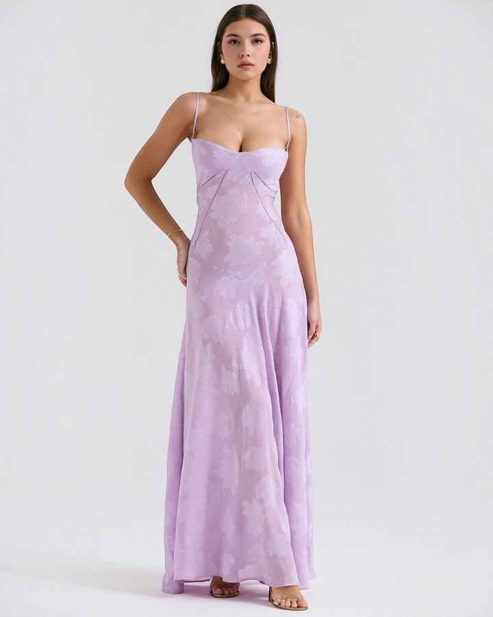 Luna Moda Seren evening dress in lavender with floral velvet overlay, delicate spaghetti straps, and corset bodice.