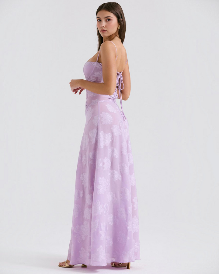 Luna Moda lilac floral maxi dress with sweetheart neckline and lace-up back worn by a model