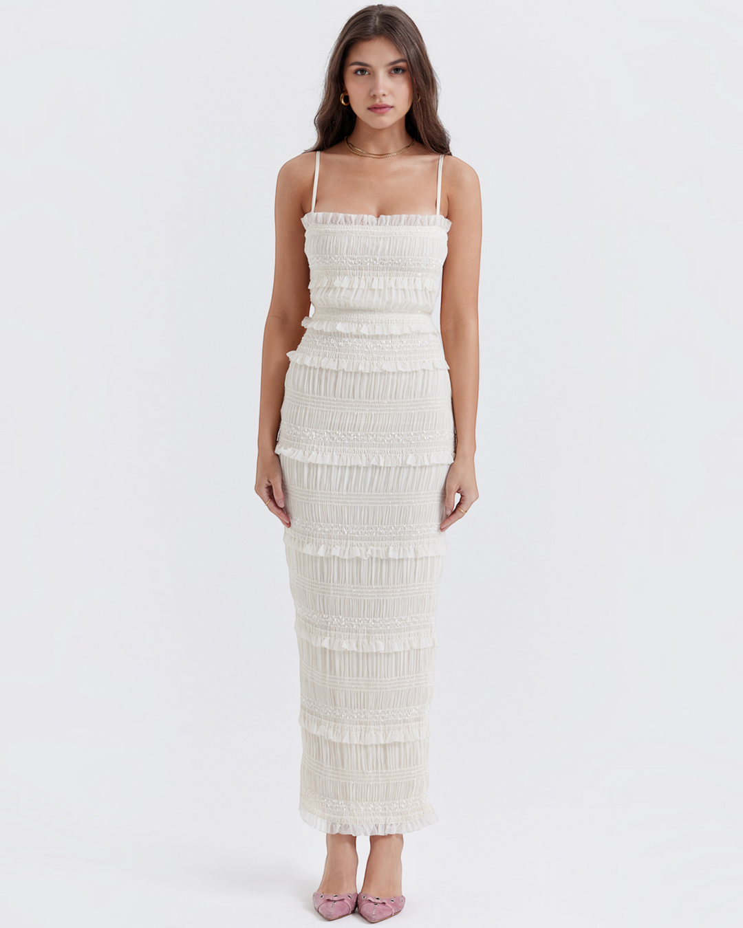 Luna Moda Solara white maxi dress with ruffled sequin texture, spaghetti straps, and a slim fit for formal events.