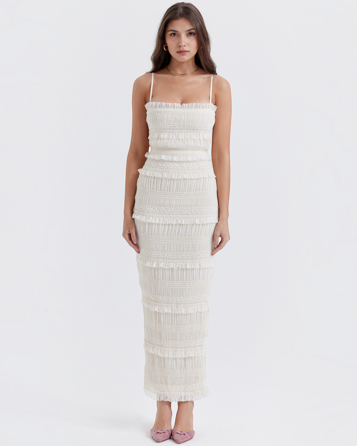 Luna Moda Solara white maxi dress with ruffled sequin texture, spaghetti straps, and a slim fit for formal events.