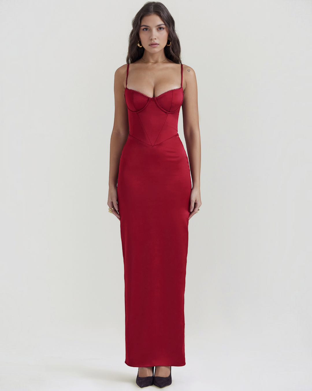 Luna Moda Rubina ruby red satin evening gown with a structured corset bodice and delicate lace-trimmed cups
