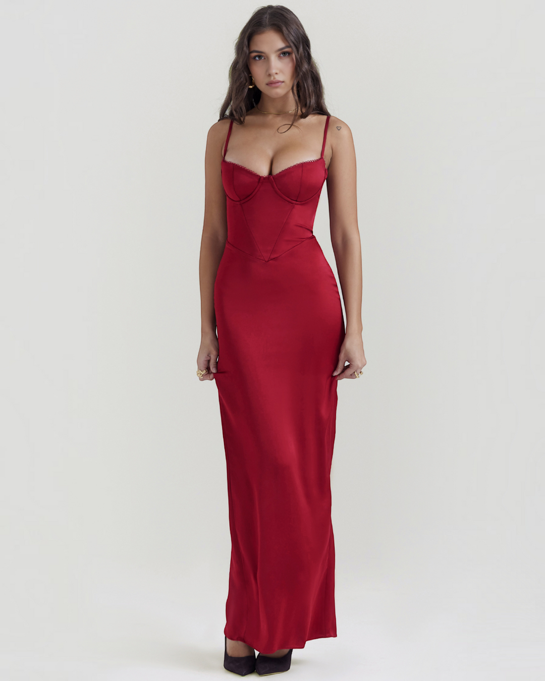 Luna Moda Rubina ruby red satin evening gown with lace-trimmed corset bodice and elegant floor-length silhouette