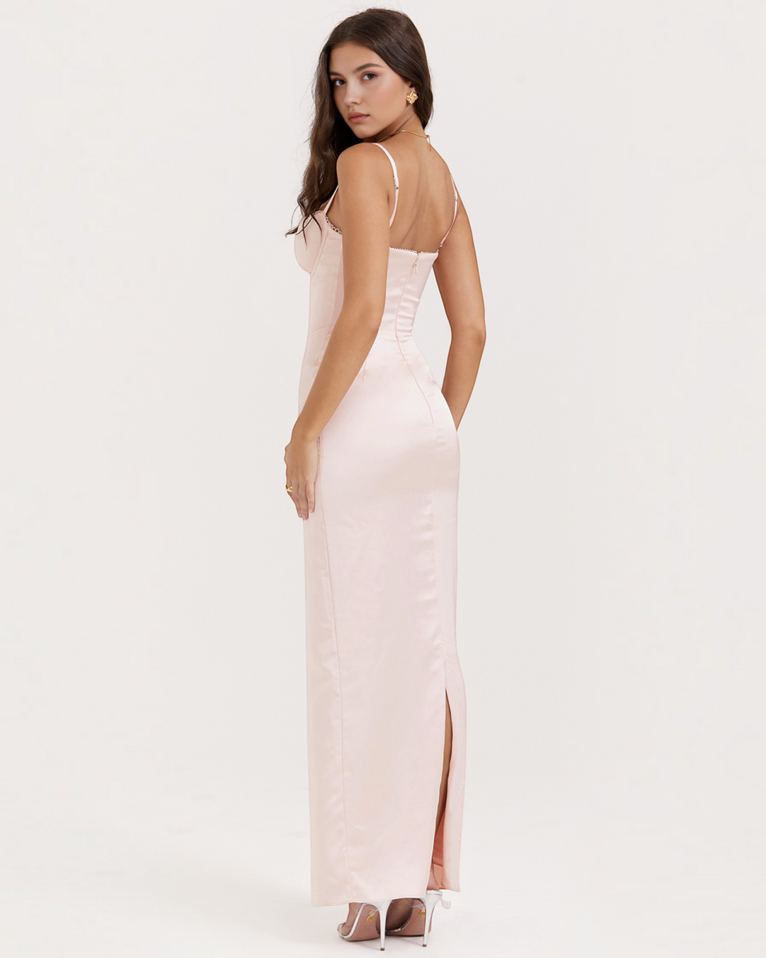Luna Moda Rubina satin evening gown in pale pink with lace-trimmed cups and back slit worn by a model