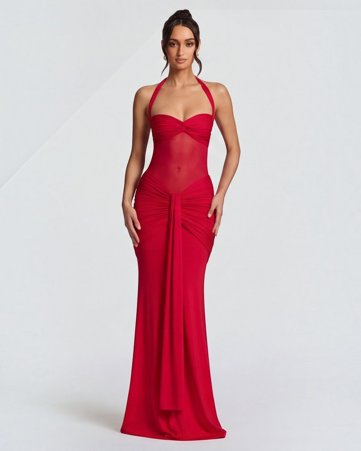 Luna Moda red mermaid gown with mesh waist detail and ruched hips on a model against a plain background