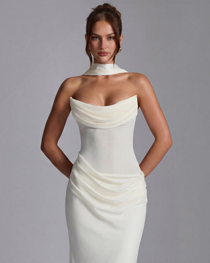 Luna Moda white strapless maxi dress with draped bodice and sculpting silhouette worn by a model