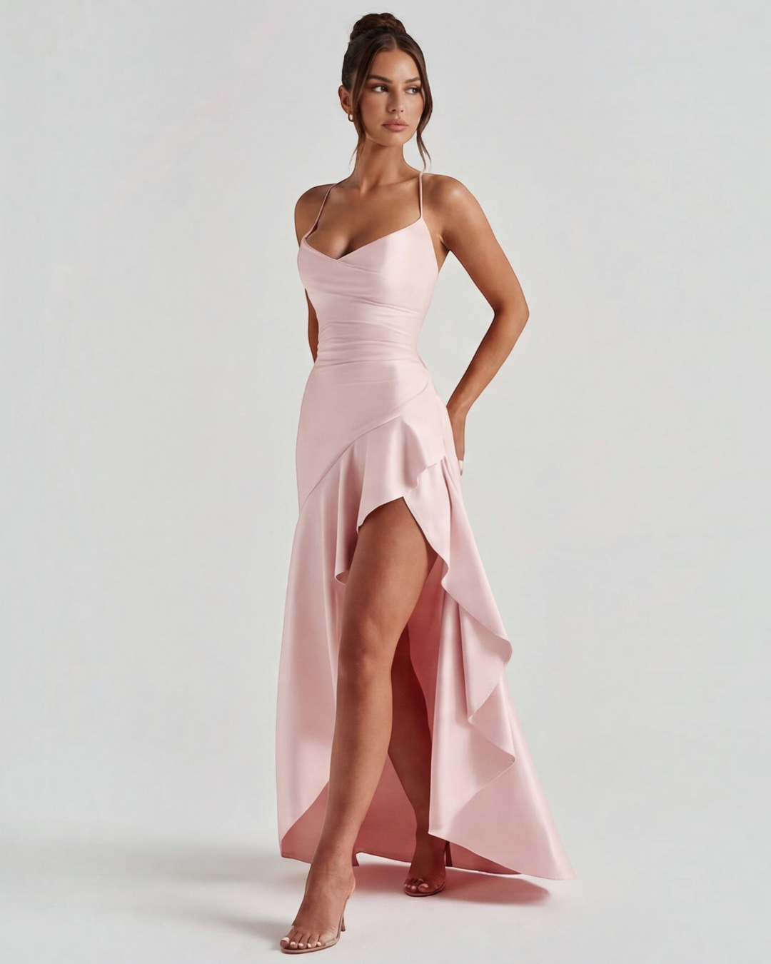 Luna Moda pale pink satin evening dress with draped neckline, adjustable cross-tie straps, and high leg slit.