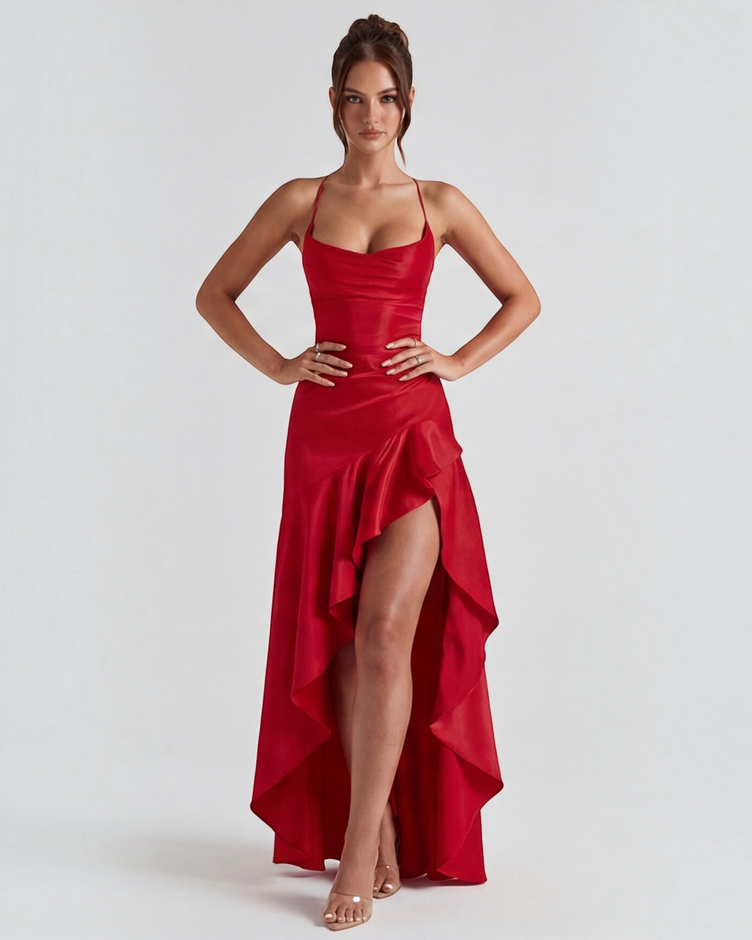 Luna Moda red satin evening dress with draped cowl neck, high leg slit, and adjustable crisscross straps