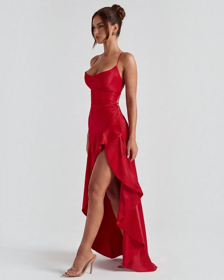 Luna Moda red satin evening dress with a draped cowl neck, high leg slit, and adjustable crisscross back straps.