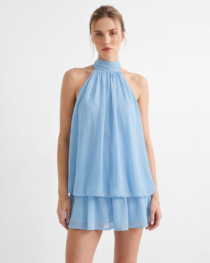 Celestia Breeze Mini – abito mini in chiffon con schiena aperta