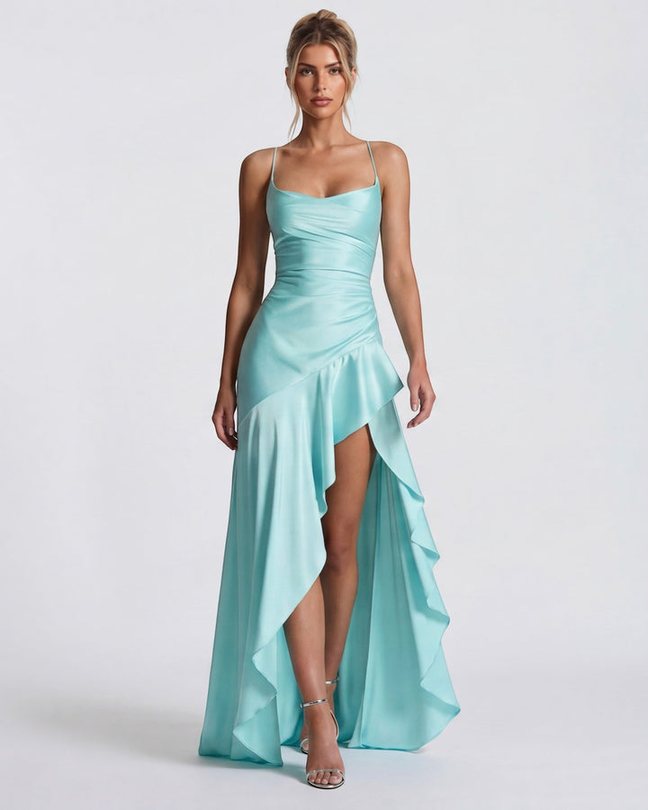 Luna Moda Muse satin gown in light blue with a draped cowl neck, adjustable cross-ties, and a dramatic high slit.