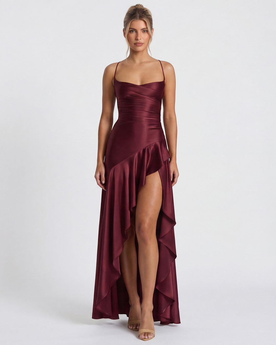 Luna Moda red satin evening dress with draped bodice, high leg slit, and adjustable crisscross straps