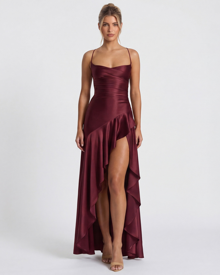 Luna Moda red satin evening dress with draped bodice, high leg slit, and adjustable crisscross straps