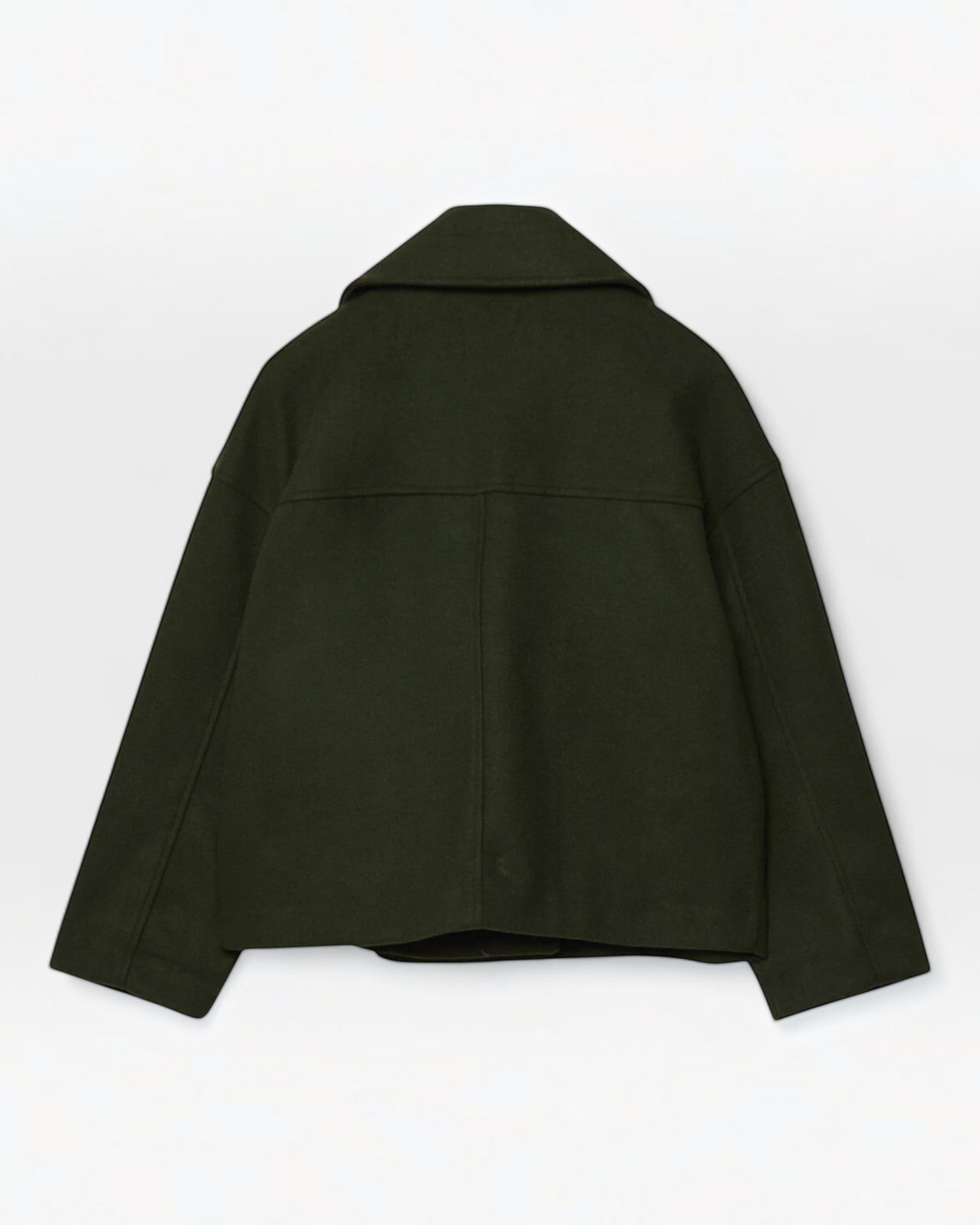 Luna Moda Costanza dark green double-breasted short jacket, back view showing structured wool-blend fabric.
