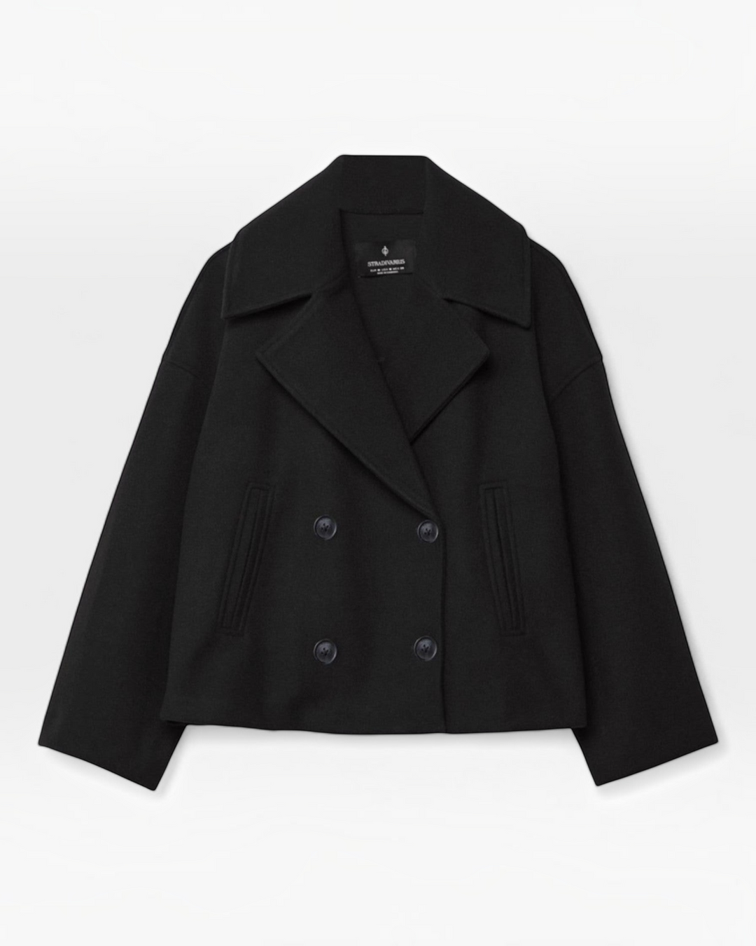 Luna Moda COSTANZA black double-breasted short jacket with wide lapels and button closure